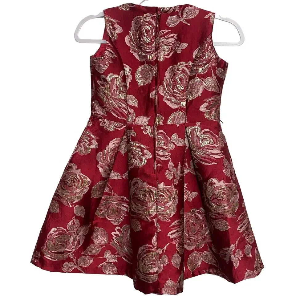 Childrens Place Girls Red Gold Rose Flower Pattern Dress‎ Size 14 Formal